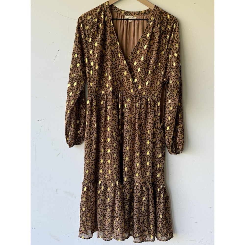 Mystree Leopard Animal Print Midi Dress Gold Spotted Long Sleeve M Country Boho